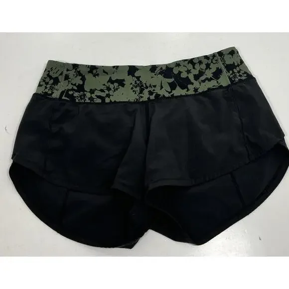 Lululemon Speed Up Women’s Sz 2 Black Efflorescent Barracks Green Lined Shorts - Picture 2 of 8